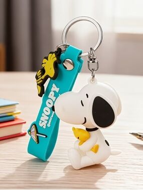 Snoopy Keychain with Woodstock Charm - Turquoise & White
